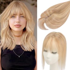 Rich Choices Hair Toppers for Women Real Human Hair 3603D Clip in Bangs 100% Remy Human Toppers with Bang for Thinning 150% Density Lace Base 08 Inch #12P613 Golden Brown Highlight Bleach Blonde