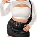 WDIRARA Women's Plus Size Fishnet Sheer Mesh Round Neck Long Sleeve Super Crop Top (3X-Large Plus)