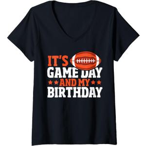 Womens American Football Birthday Boy It's Game Day And My Birthday V-Neck T-Shirt, Size Ladies S