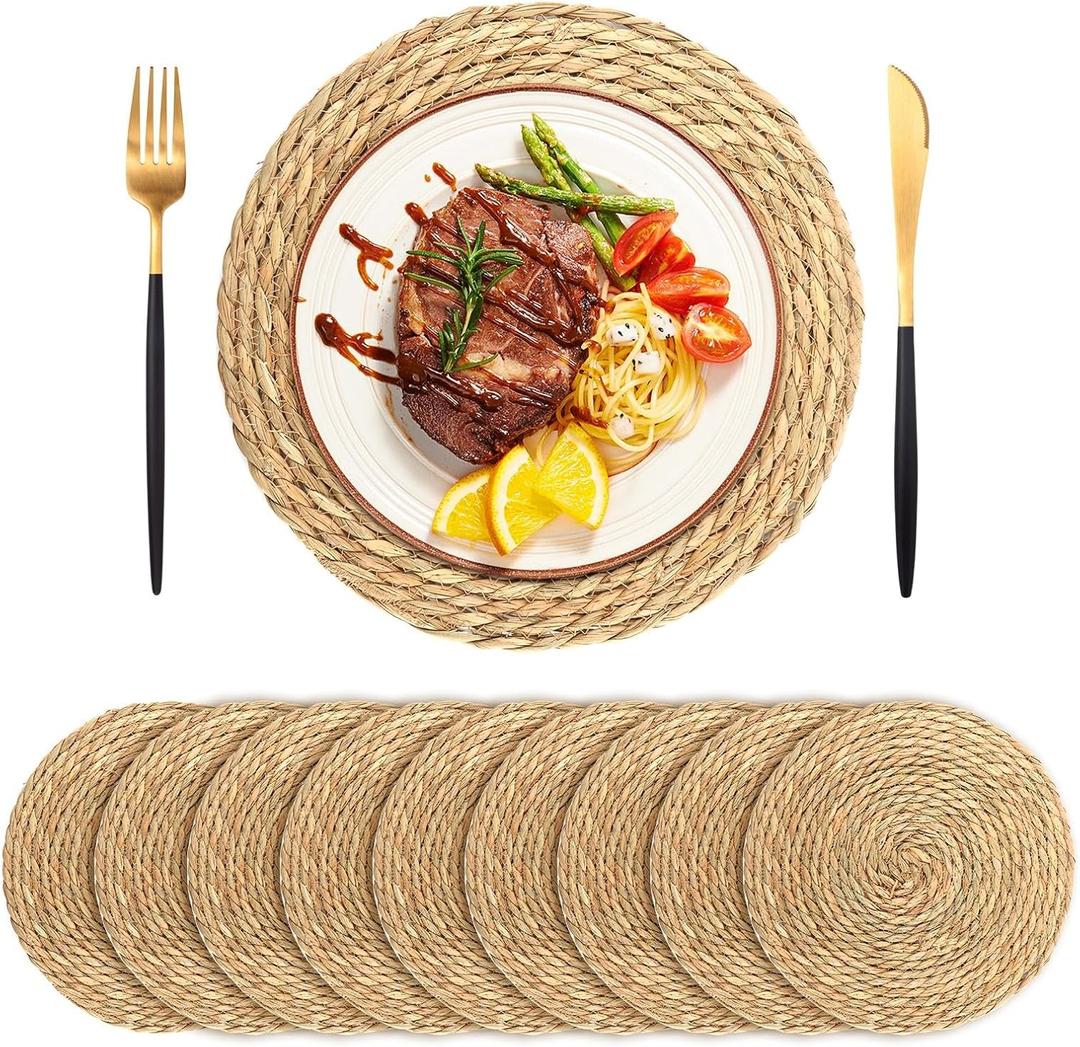 Round Woven Placemats Set of 10, 12" Round Rattan Placemats, Water Hyacinth Placemat, Natural Wicker Place mat, Farmhouse Weave Place Mats for Dining Table,Home,Wedding