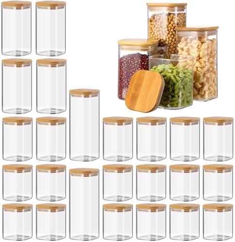 Qinyoung 12 Pcs 24 Pcs Square Pantry Glass Storage Jars with Bamboo Lids 4 Sizes Food Storage Containers Clear Stackable Canisters Airtight Glass Jars for Candy Cookie Sugar Pasta Nuts Kitchen