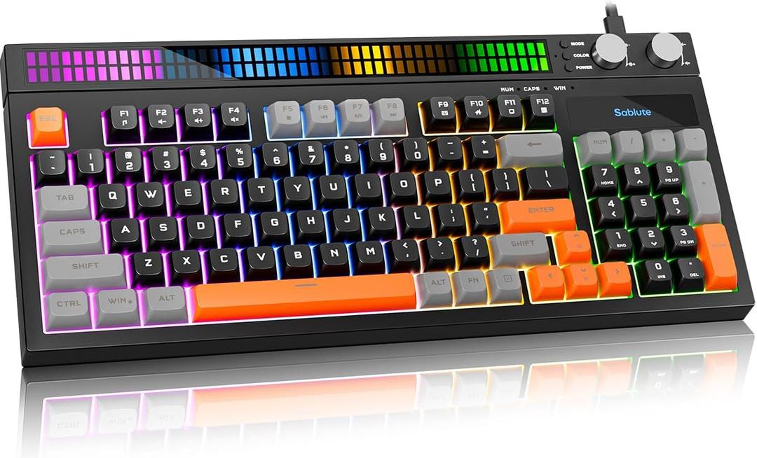 SABLUTE Keyboard Gaming - Audio-Sync RGB Light Strip, 19-Key Anti-Ghosting, Dual Control Knobs, Adjustable Stand, Ultra-Low Latency Quiet Mechanical Feel for PC GamersBlack