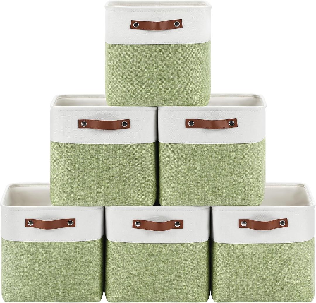6-Pack Foldable Fabric Storage Cubes 11x11 Inch, Sturdy Cube Organizer Bins with Leather Handles, Storage Baskets for Closet Shelves and Home Organization(White/Green)