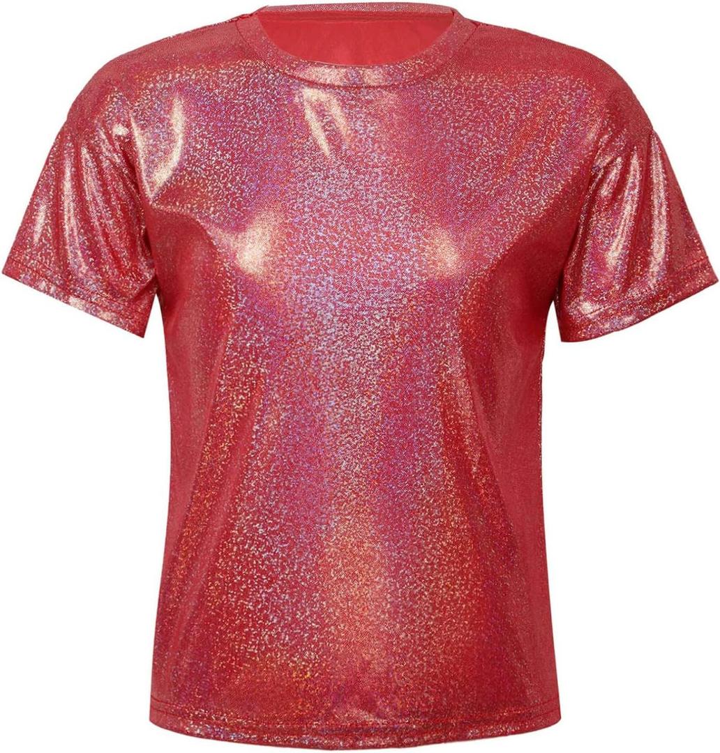 DRHOM Kids Boys Girls Metallic Shiny T-Shirt Jazz Hip Hop Dance Tops Short Sleeves Loose T-Shirt for Performance Costume (4-5, Red)