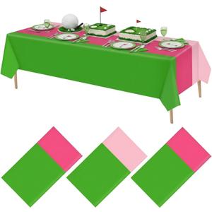 3 Pack Pink and Green Disposable Plastic Tablecloth Hole in One Plastic Table Runner Rectangle Table Covers for Golf Clubs First Birthday Girls Baby Shower Party Decorations 51" x 108"