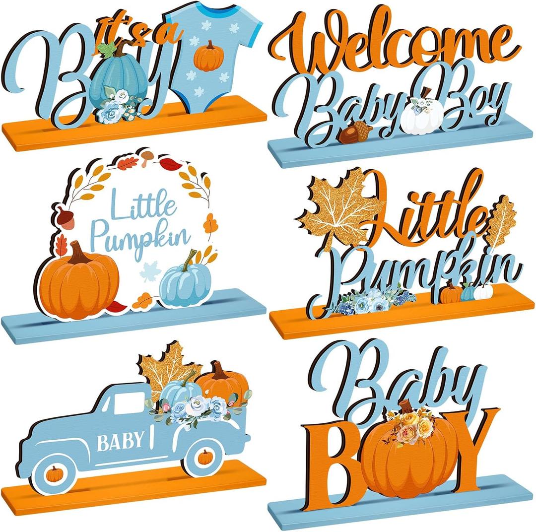 6 Pcs Thanksgiving Little Pumpkin Baby Shower Decorations Harvest Blue Pumpkin Wooden Centerpieces Baby Boy Maple Table Toppers First Birthday Table Centerpiece for Boys Gender Reveal Party