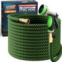 PowerFlow Garden Hose, NON-EXPANDABLE 25 Feet Premium Quality Stainless Steel Metal Water Hose with Durable Fabric Skin, Hose For Commercial, Residential Use, Bonus 10-way Spray Nozzle (25 Ft, Green)