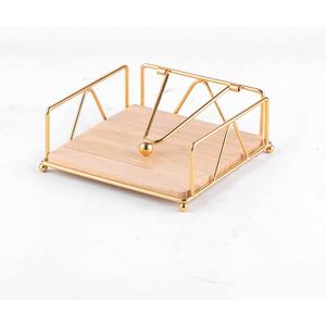 Flat Napkin Holder, Rustic Vintage Wood Napkin Dispenser, Metal Napkin Holder with Weighted Arm and Wood Base, Napkin Dispenser Tissue Holder for Kitchen Dinning Table Restaurants Countertop(Gold)