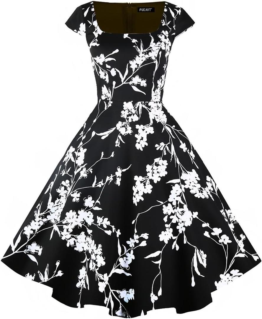PUKAVT Women's Cocktail Party Dress Cap Sleeve 1950 Retro Swing Dress with Pockets (Large, Z-black Flower)