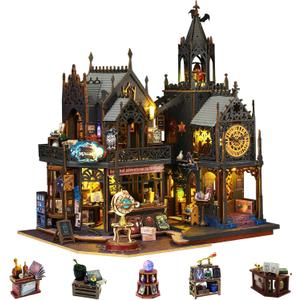 SUNNINO Miniature Dollhouse Kit, DIY Mini House Building Kits for Adults to Building Book Nook Kit 3D Wooden Puzzles Bookshelf Decor for Family Lovers, Holo Magic City II