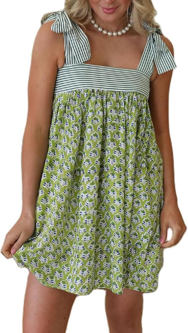 Women Tie Shoulder Mini Dress Floral Ruffle Babydoll Dress Boho Square Neck Sundress Cute Summer Dresses (Large, Green)
