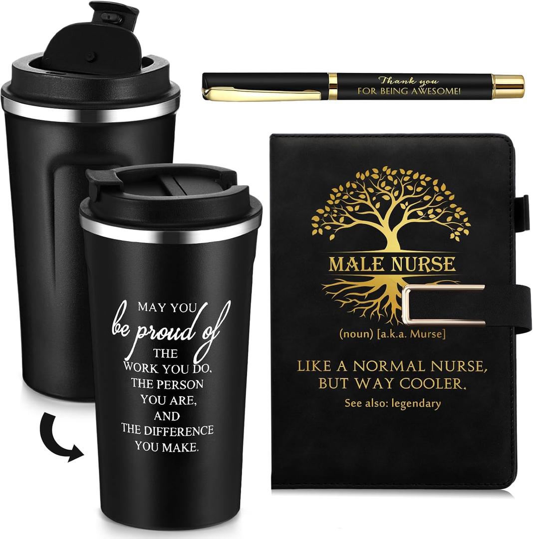 Pickmesh 3 Pcs Male Nurse Gifts Set 17 oz Coffee Tumbler A5 Leather Journal with Ballpoint Pen Nurse Appreciation Gift for Office Valentines Graduation Men Nursing CRNA Gifts (Black)
