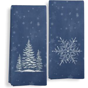 Navy Blue Christmas Kitchen Towels, Winter Christmas Dish Tea Towels, Winter Holiday Snowflake Tree Decorative Hand Towels for Bathroom Decor, 16X24In Set of 2