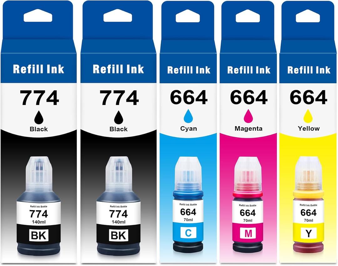 2 x Compatible 774 664 Ink Bottle Replacement for Eps T774 T664 T774120-S Ink Cartridge Used with Eps EcoTank ET-4550 ET-3600 ET-16500 ET 4550 3600 16500(2Black 1Cyan 1Magenta 1Yellow 5 Pack)
