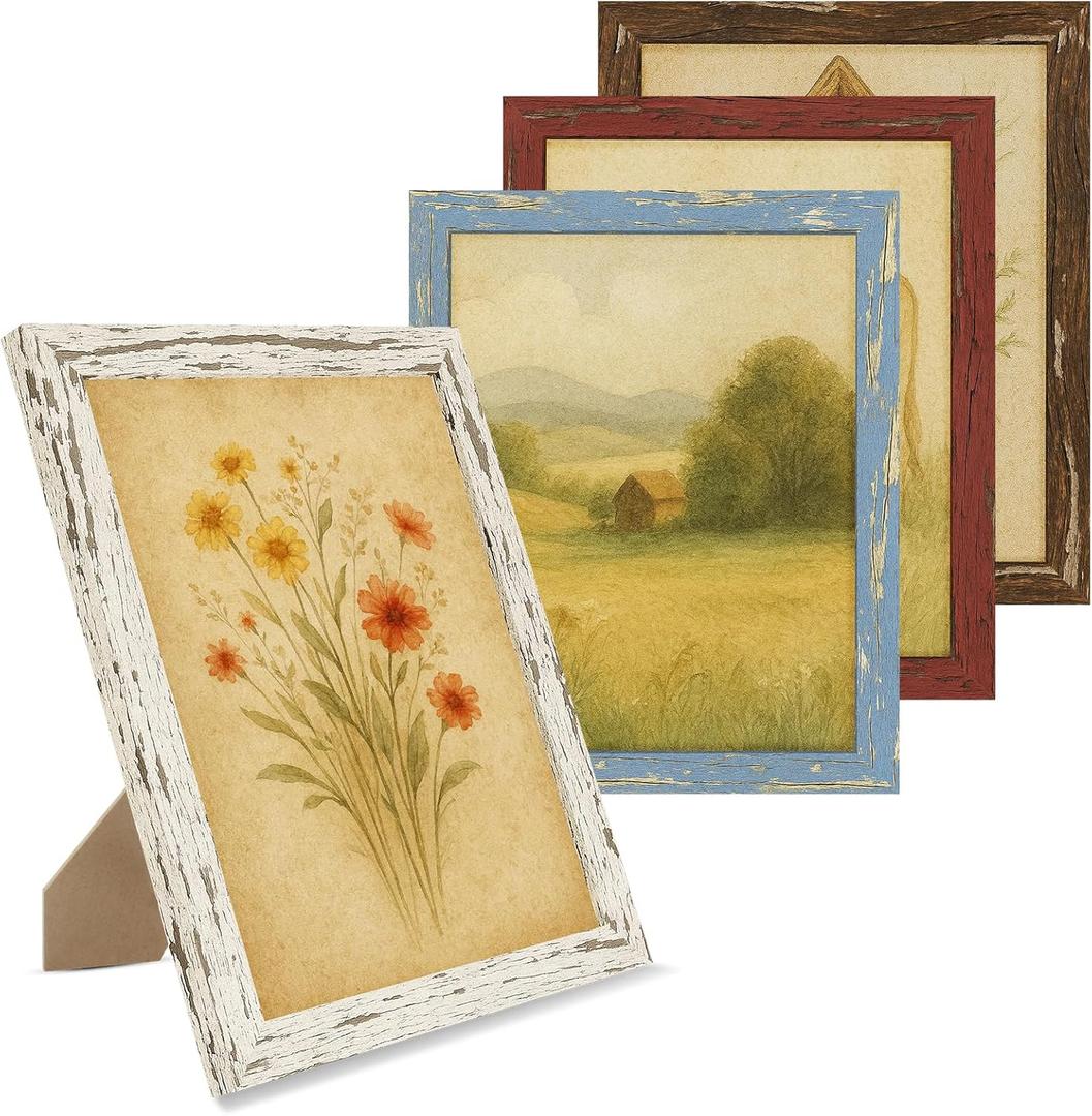 puthiac 8x10 Rustic Picture Frames, Farmhouse Distressed Wood Frame, Vintage Gallery Wall Photo Collage, Shatterproof Acrylic, Wall & Tabletop, Vertical/Horizontal, Vintage Art Prints, Set of 4