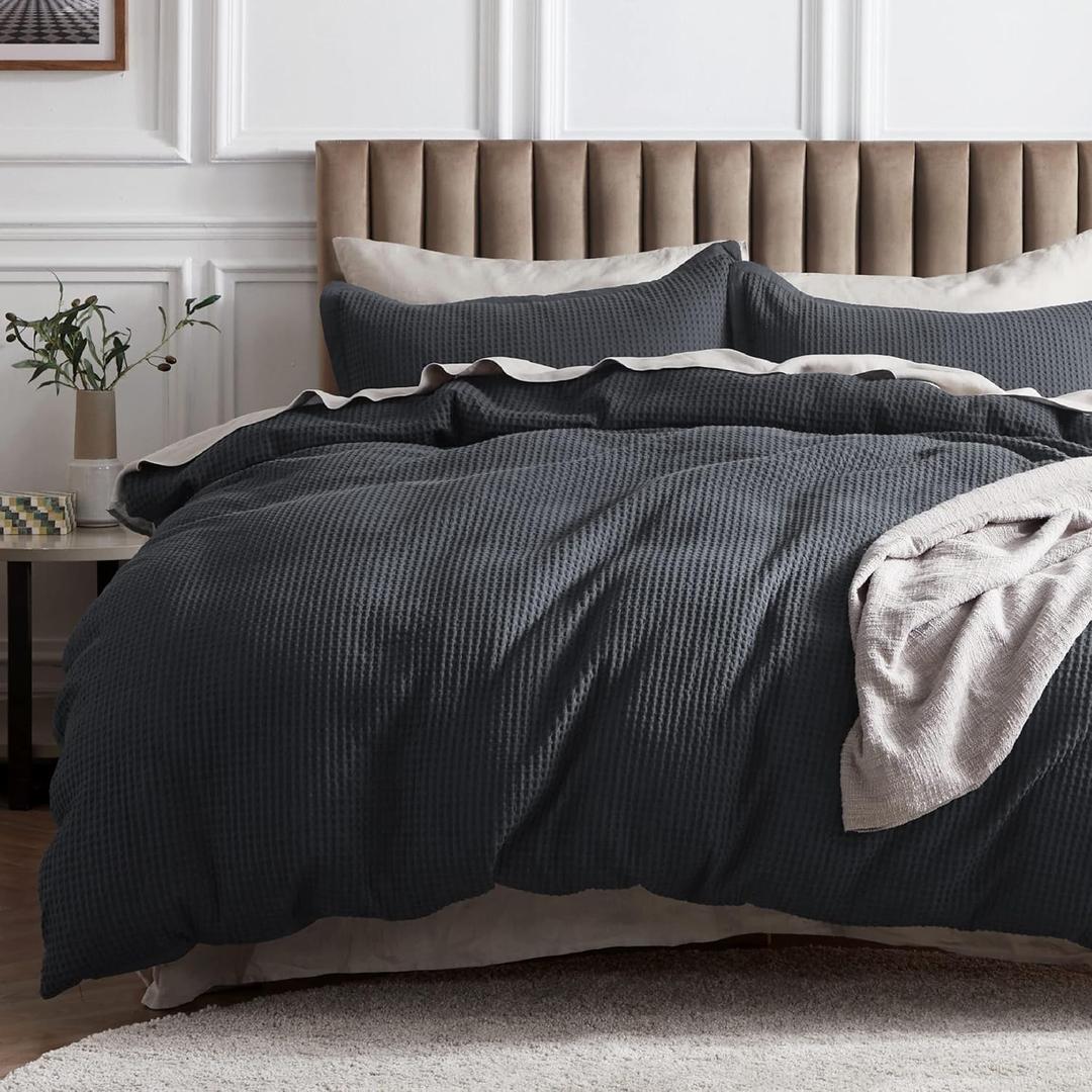 Bedsure Cotton Duvet Cover Queen - 100% Cotton Waffle Weave Charcoal Duvet Cover Queen Size, GentleSoft and Breathable Bedding Set for All Season, 3 Pieces, 90"x90" (Queen (90" x 90"), 19 - Charcoal (No Comforter))