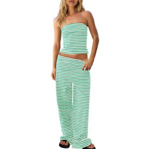 Panadila Womens Striped Two Piece Sets Summer Lounge Outfits Sailor Tube Top and Pants Matching Set Beach Vacation Travel Y2k (Medium, Green Combo)