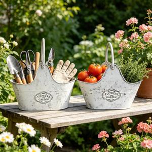 Distressed White Galvanized Metal Flower Planter Set of 2, Rustic Farmhouse Pot with Handle, Multi Use Tub for Garden Harvest Fruit Vegetables, Floral Craft Tool Organizer Indoor Patio Yard Decor