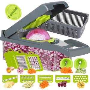 Ourokhome Vegetable Chopper Onion Cutter, 14 in 1 Professional Mandolin Slicer for Kitchen, Multifunctional Food Chopper for Potato, Tomato, Veggie with Strainer Basket, 10 Blades, Gray (Gery)