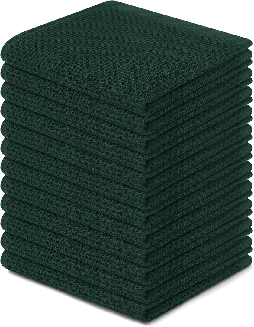 Homaxy 100% Cotton Waffle Weave Kitchen Dish Cloths, Ultra Soft Absorbent Quick Drying Dish Towels, 12 x 12 Inches, 12-Pack, Blackish Green