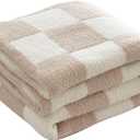 Ultra Soft Cozy Checkered Knitted Throw Blanket Fluffy Microfiber Checkerboard Bed Blanket Lightweight Both Sides Blanket for Couch Sofa Bed (Cream, Throw 50x60)