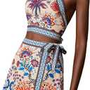 MakeMeChic Women's Boho 2 Piece Outfit Halter Backless Crop Tops and Wrap Skirt Skorts Travel Vacation Summer Set (M)