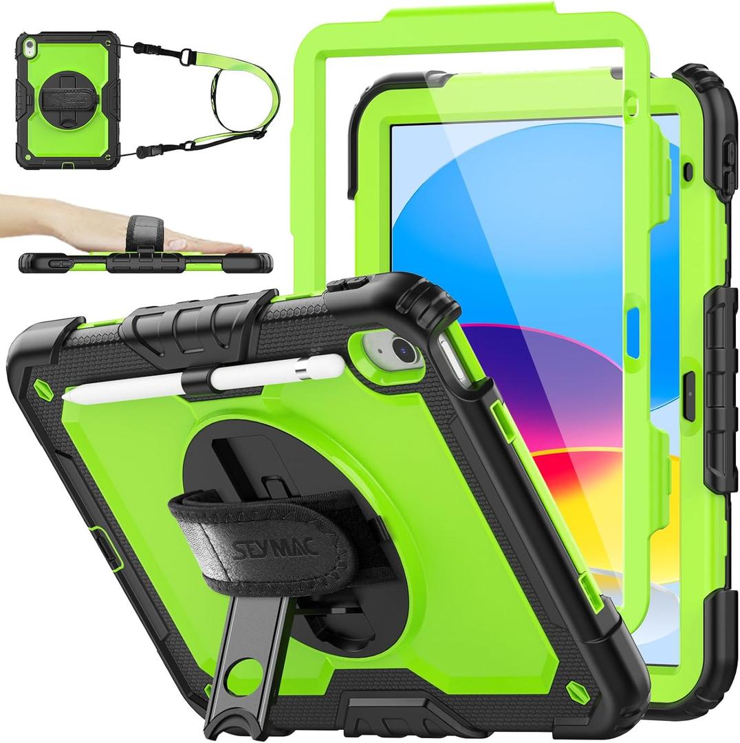 SEYMAC stock Case for iPad (A16) 11th/10th Generation 11''/10.9'' 2025/2022, Full-Body Drop Protection Case with Screen Protector &360 Rotate Hand Strap/Stand, Green+Black
