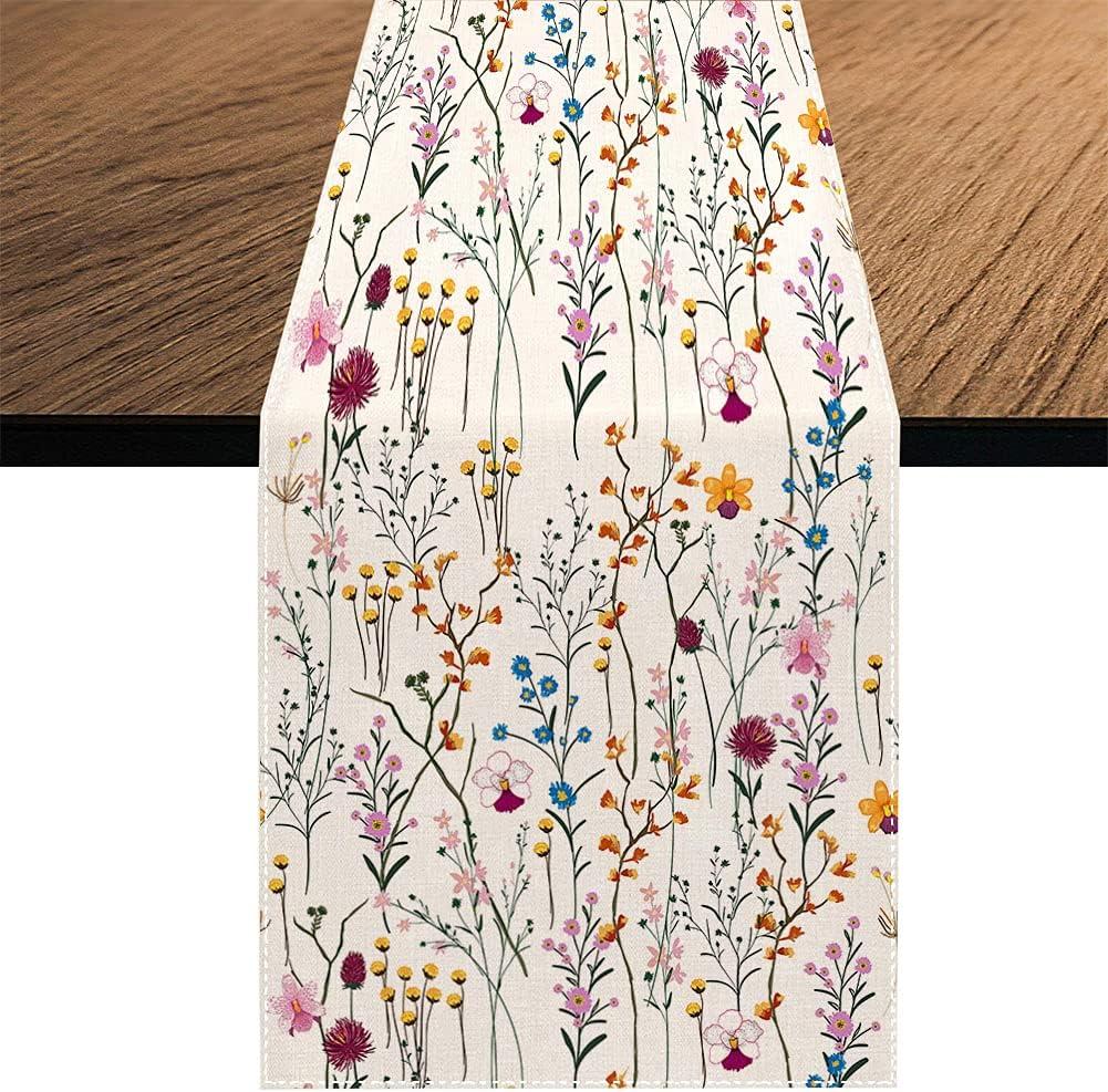 Watercolor Wild Flowers Table Runner, Seasonal Summer Colorful Flowers Holiday Kitchen Dining Table Decoration for Home Party Decor 13 x 108 Inch