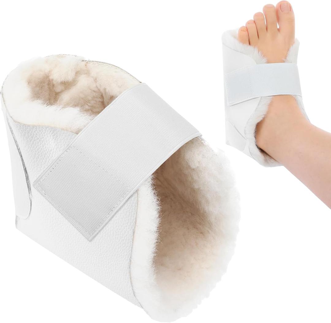 1 Pc Heel Protector for Pressure Sores Boot Sheepskin Heel Pad Soft Foot Cushions Pad Adjustable Foot Pillows with Securing Strap for Protect Feet Ankle Pressure Bed Sores(Creamy White)