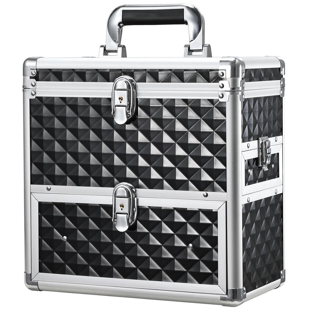 Frenessa Nail Polish Makeup Train Case with Drawer and Dividers Manicure Organizer Accessory Storage Makeup Box With Mirror Lockable Keys Nail Kit Organizer Cosmetic Case Jewelry Box - Black