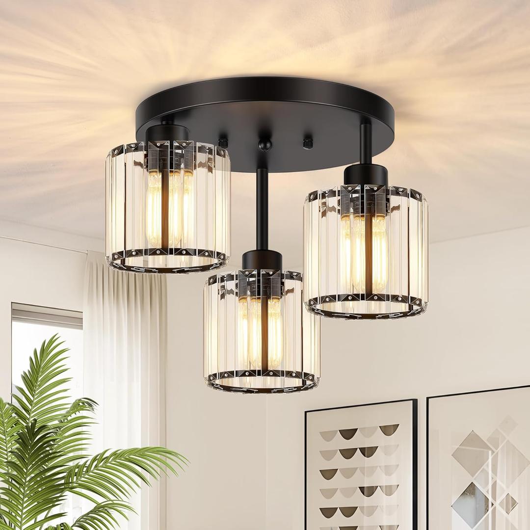 3-Light Crystal Semi Flush Mount Ceiling Light, Black Kitchen Lighting Fixtures Ceiling, Modern Hallway Light Fixtures with Clear Crystal Shades, Close to Ceiling Lamp for Bedroom Foyer Entryway