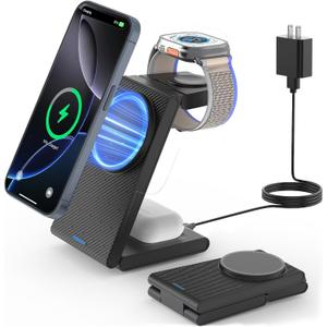 Wireless Charger Magnetic for Apple Devices - JoyGeek 3 in 1 Foldable Charging Station for Magsafe Compatible with iPhone 16 15 14 13 12 Pro Max Plus, Apple Watch 10 9 8 7 6 5 4 SE, AirPods 4/3/2/Pro (Dull Black)