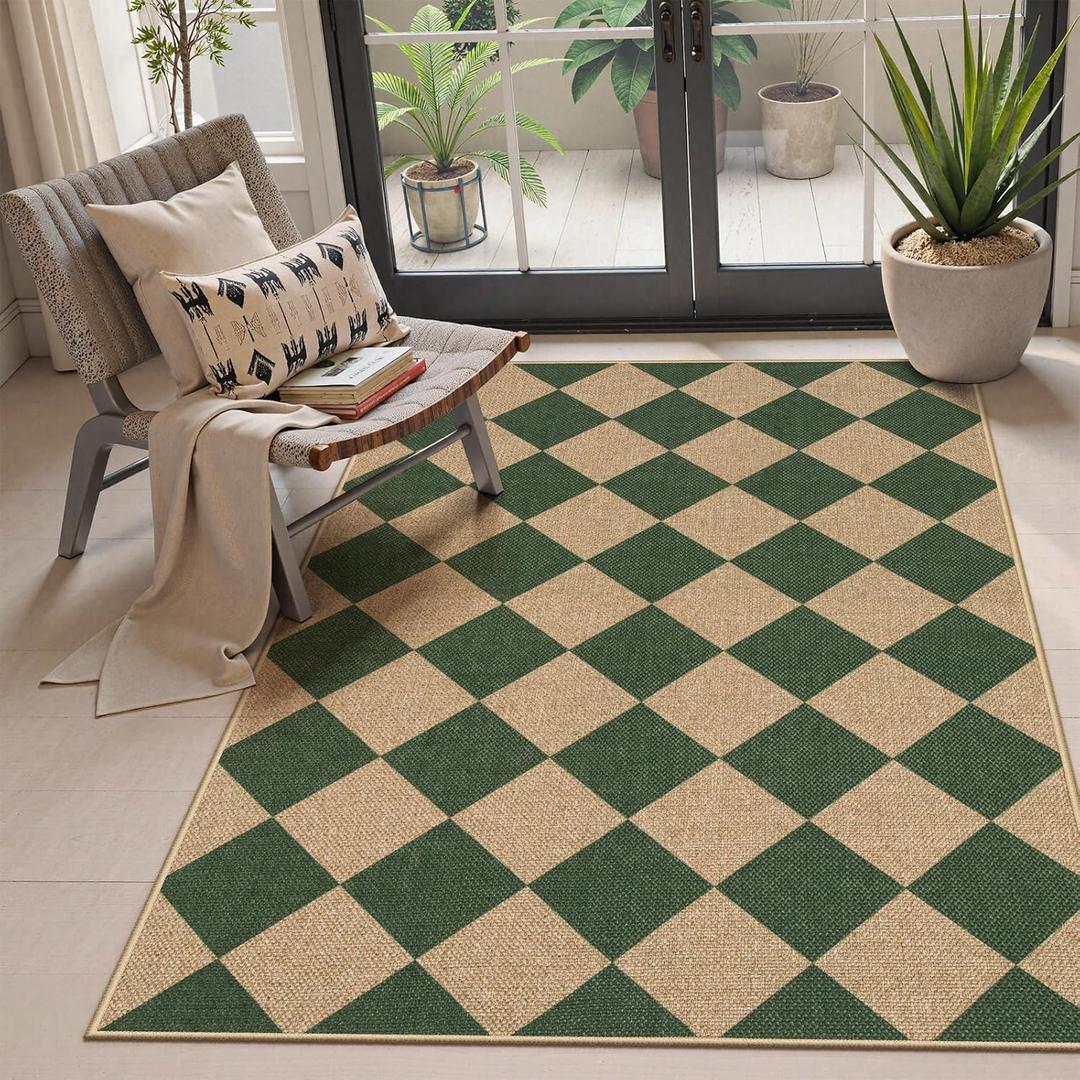 Lahome Colette Checkered Outdoor Patio Easy Jute Rug, 3x5 Dark Green Washable Front Porch Door Rug, Farmhouse Indoor Outdoor Carpet Non Slip Non Shedding Carpet for Entryway Living Room Deck (Deep Green/Nature-2)