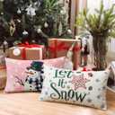 2 x Artscope Christmas Tree Snowman Throw Pillow Covers 12x20 Inch Set of 4, Let It Snow Holly Jolly Winter Hoilday Christmas Decoration Pillow Cases for Home Sofa Couch Decor-Pink