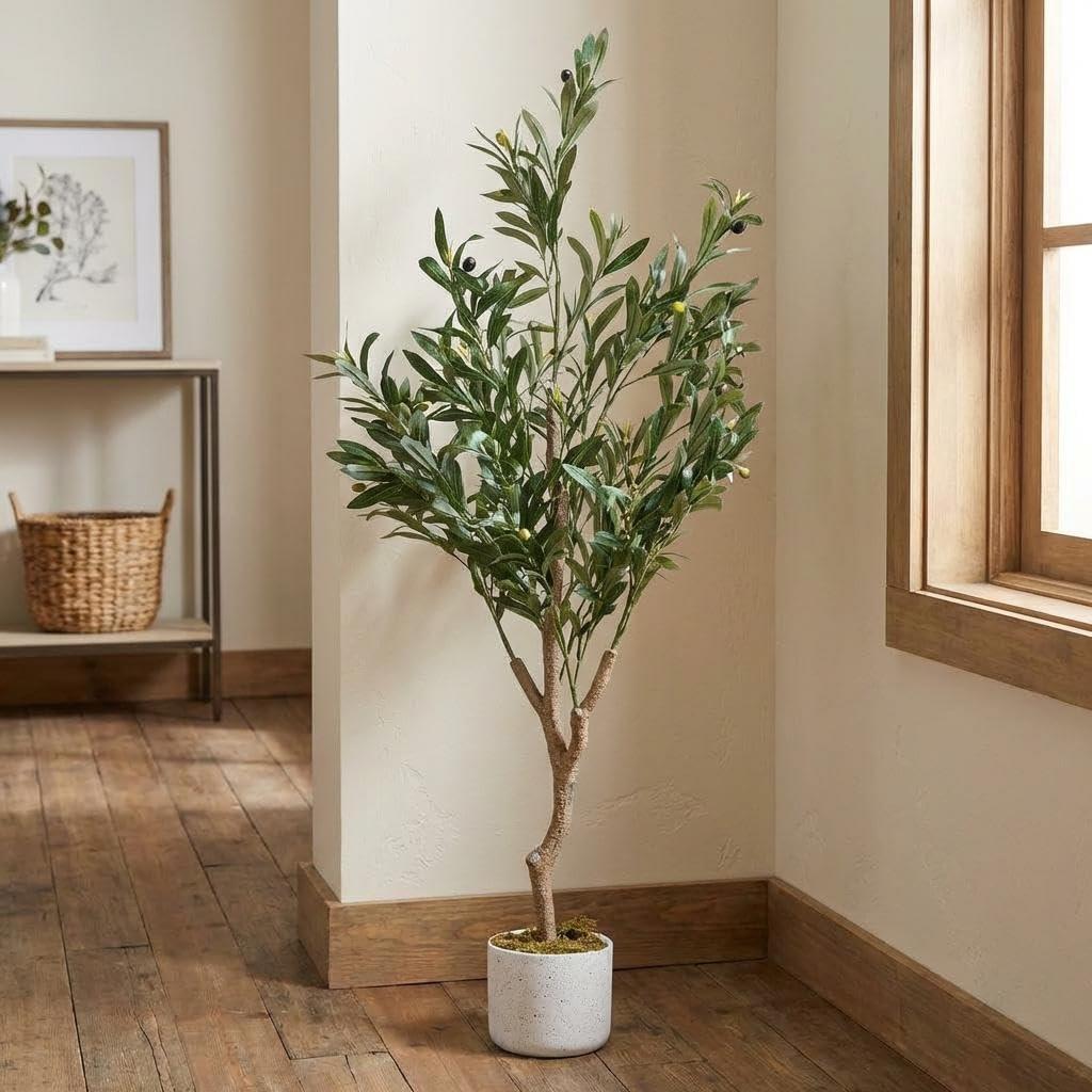 OUTLANE 4 FT Artificial Olive Tree with 20 Realistic Fruits, Faux Potted Plant for Indoor and Outdoor, Tall Fake Tree for Living Room, Office, Porch, Patio & Modern Farmhouse Decor