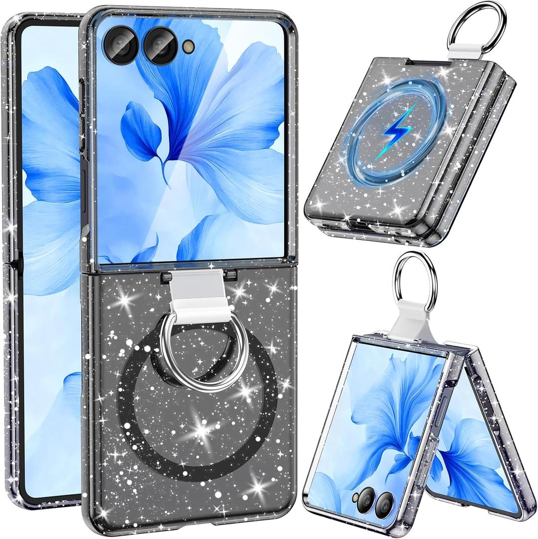 for Samsung Galaxy Z Flip 7 Case Magnetic, Z Flip7 with Rring, [Compatible with MagSafe] Military Drop Protection, Glitter Bling Sparkly Slim Fit Hard PC Rugged Case for ZFlip 7, Glitter Black