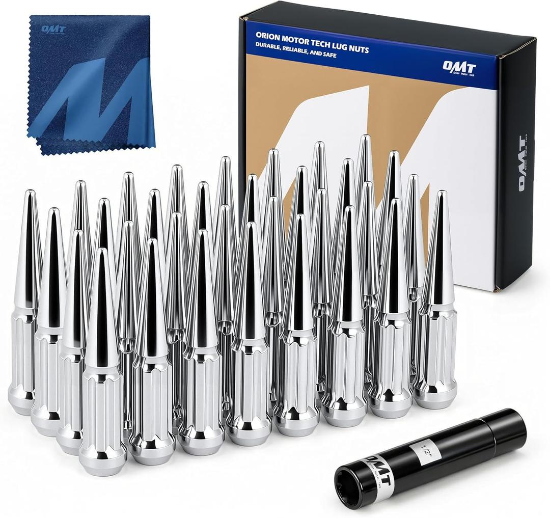 Orion Motor Tech 14mmx1.5 Lug Nuts Chrome 32 Piece, M14x1.5 Spike Lug Nuts Wheel Accessories Compatible with Chevy Ram Ford GMC (Silver)