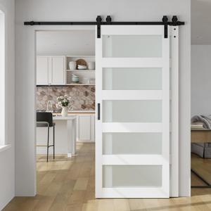 SmartStandard 24in x 84in Double Glass Sliding Barn Door with 5FT Bypass Sliding Barn Door Hardware Kit, 5-Panel Frosted Glass,Waterproof, Save Space, Easy Install, Fit 36"-40" Openning, White