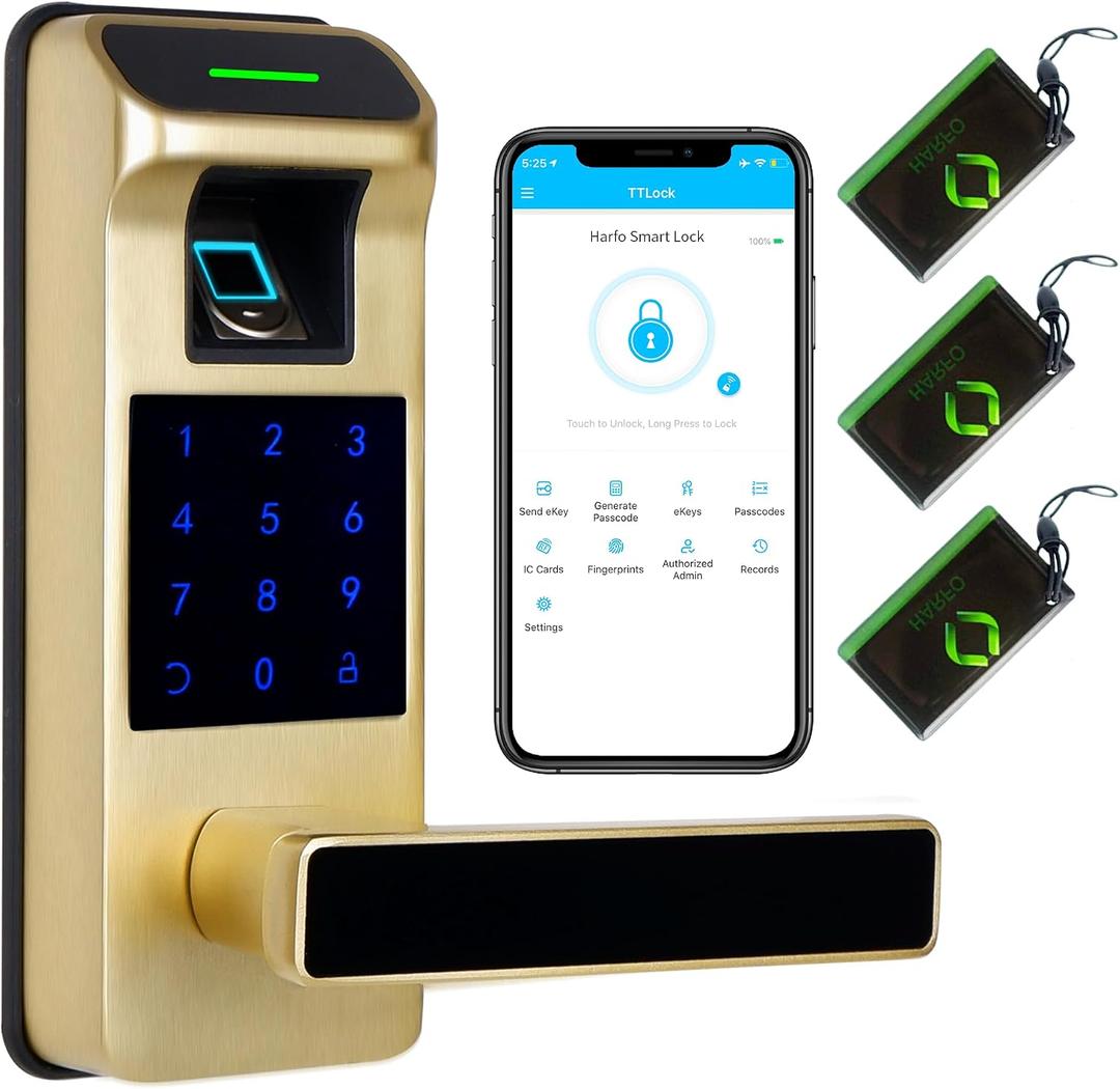 Fingerprint Door Lock, Heavy Duty Full APP Control Touchscreen Keypad Keyless Lock with Reversible Handle, Perfect for Home/Office/Bedroom Doors (Gold)