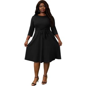FANDEE Plus Size Midi Dress for Women - Printing Summer Dresses Casual 3/4 Sleeves Round Neck, Pockets and Belt (3XL)