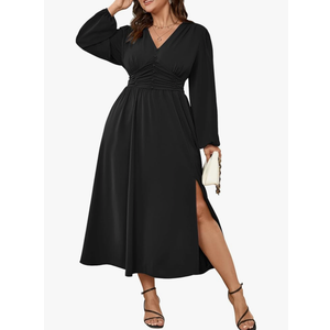 SHESTARR Womens Plus Size Wedding Guest Cocktail Maxi Dress Long Sleeve Elastic Waist V-Neck A-Line Side Slit Flowy Dresses EmeraldGreen 4XL