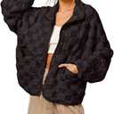 chouyatou Women Winter Casual Checkered Fleece Jacket Fuzzy Oversized Sherpa Jacket Shacket Faux Fur Coat (Large, Black)