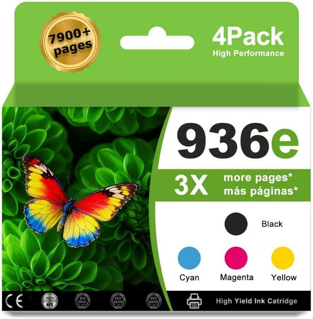 936e 936xl Ink Combo Pack Compatible for HP936 XL 936 e Ink Cartridges for OfficeJet Pro 9110b 9120e 9125e 9128e 9130b 9135e; Wide Format 9730e; OfficeJet 9122e Printers (936XL BK+C+M+Y 4-Pack)