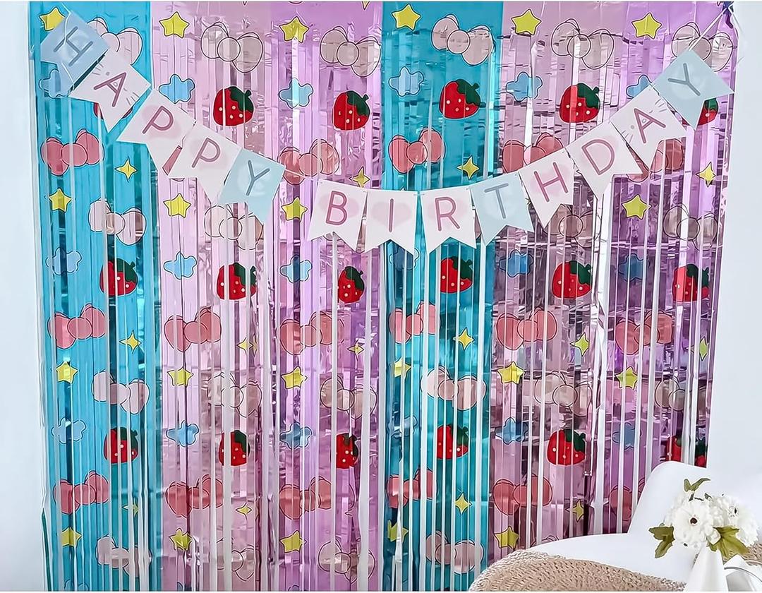 Pink Bow Birthday Decorations | 3.3x6.6ft Tinsel Fringe Backdrop with Banner 3 Pack Party Supplies for Girls Theme Party | Blue & Pink Foil Streamers