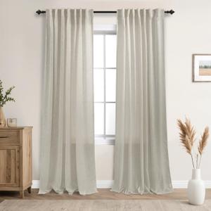 Mrs.Naturall Tan Curtains 84 Inches Long for Living Room, Rustic Farmhouse Country Semi Sheer Gauze Canvas Flax Linen Beige Curtain Drapes for Dining Room Bedroom 84 Inch Length Set 2 Panels, Khaki