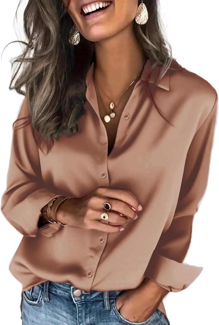 Zeagoo Satin Blouses for Women Silk Button Down Shirts Long Sleeve Business Casual Tops (Medium, Toffee)