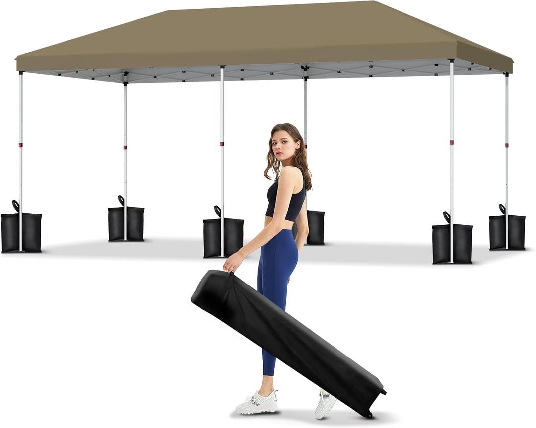 10x20 Pop Up Canopy - Easy Up Camping Tent with One Roller Bag, 3 Adjustable Height, 4 Weight Bags for Deck, Garden, Sports, Beach, Party - Khaki