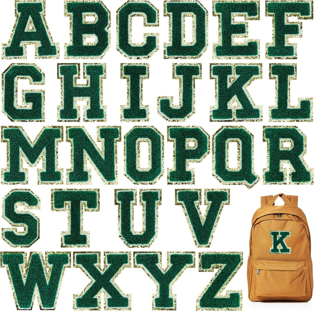 Jongdari 26pcs Iron on Letters for Clothing, Glitter Varsity Chenille Letter Patch Alphabet Sewing Appliques with Ironed Adhesive - Green A-Z