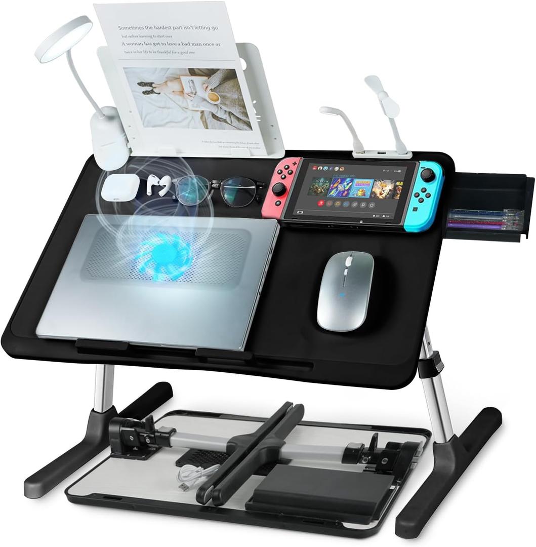 iXTRA Laptop Lap Desk with Cooling Fan - Adjustable with Light, USB, Storage Drawer - Folding Bed Desk,22.04"*12.59",Black (Black,56-32cm)