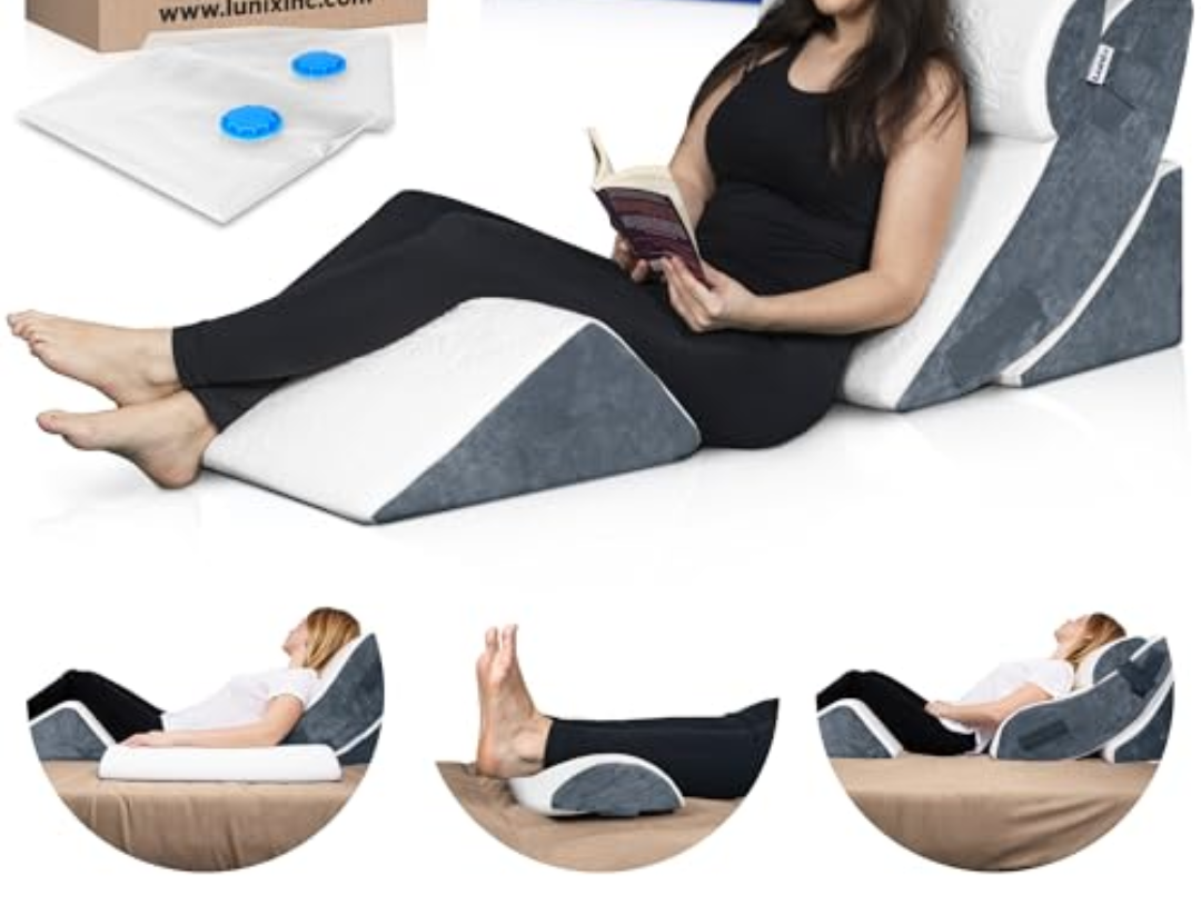 4pcs Orthopedic Bed Wedge Pillow Set, Post Surgery Memory Foam for Back, Knee, Leg Pain Relief, Sitting Pillow for Sleeping, Acid Reflux, GERD, with Hot Cold Pack, FSA HSA Eligible, White Navy